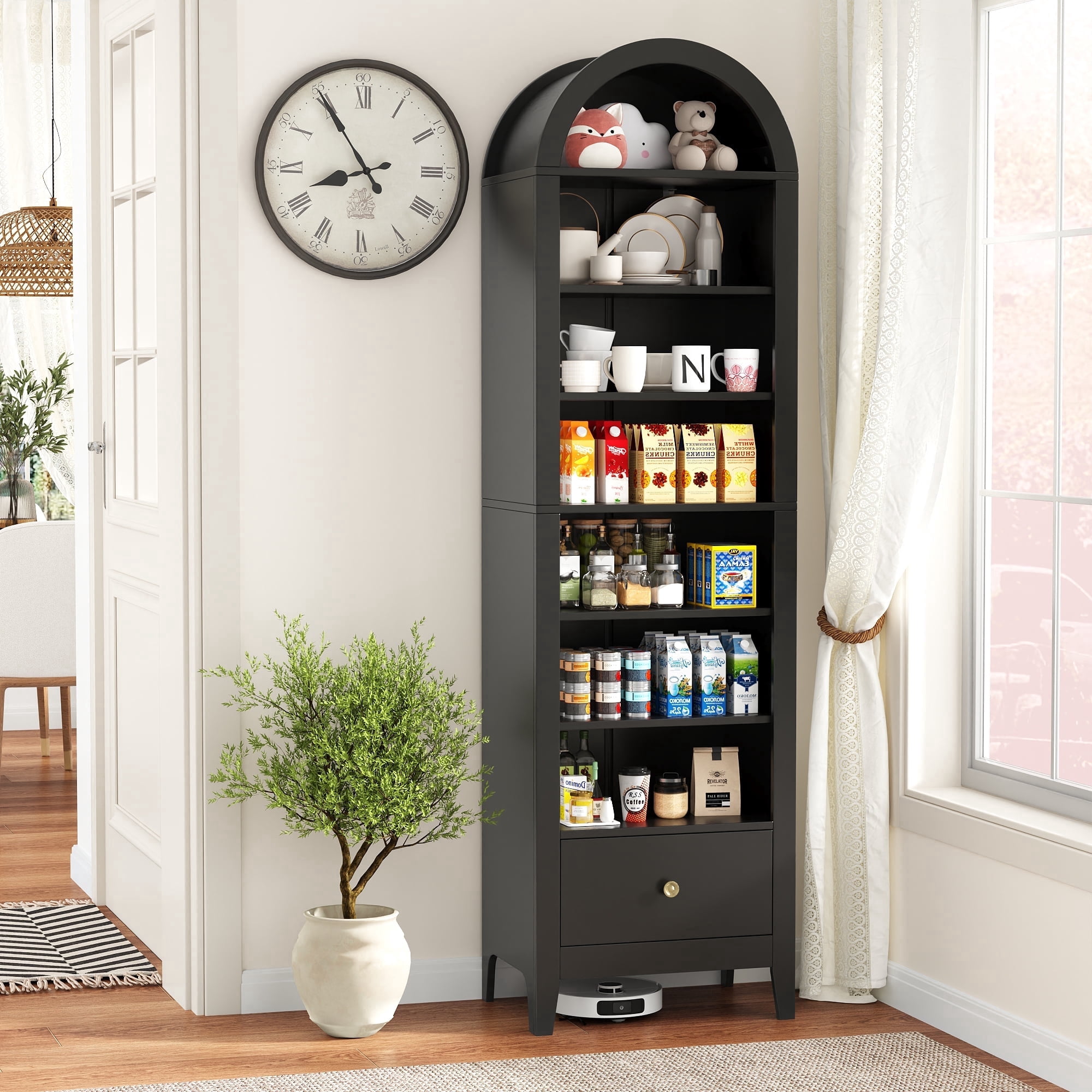 NEGYLIM 71" Tall Arched Storage Cabinet with Drawer, Freestanding Kitchen Pantry Cabinet with Doors and 8 Adjustable Shelves, Narrow Tall Cabinet for Bathroom Living Room Office, Black