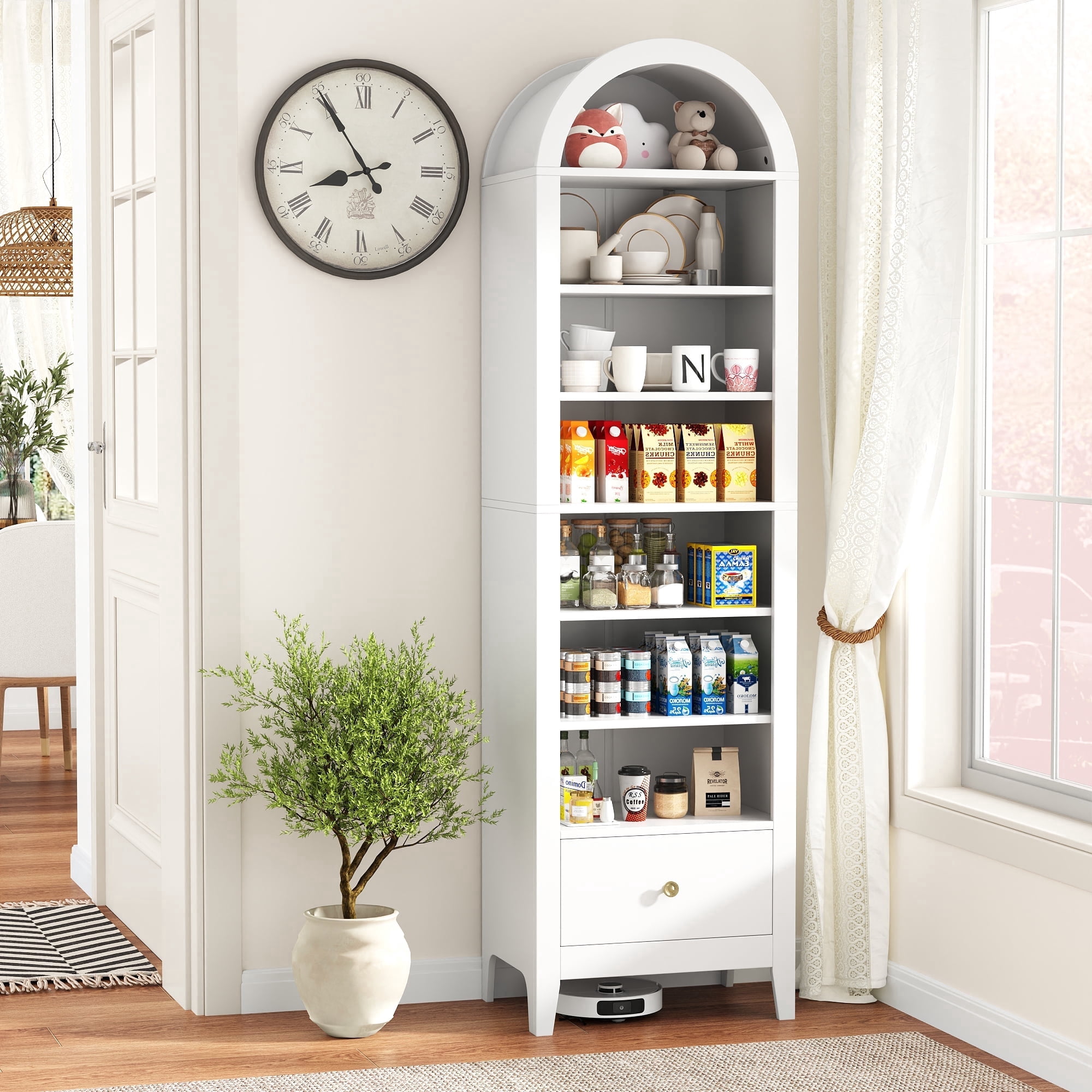 NEYGLIM 71" Tall Arched Storage Cabinet, 8-Tier Adjustable Shelves, Freestanding Pantry Cabinet for Kitchen Bathroom, White