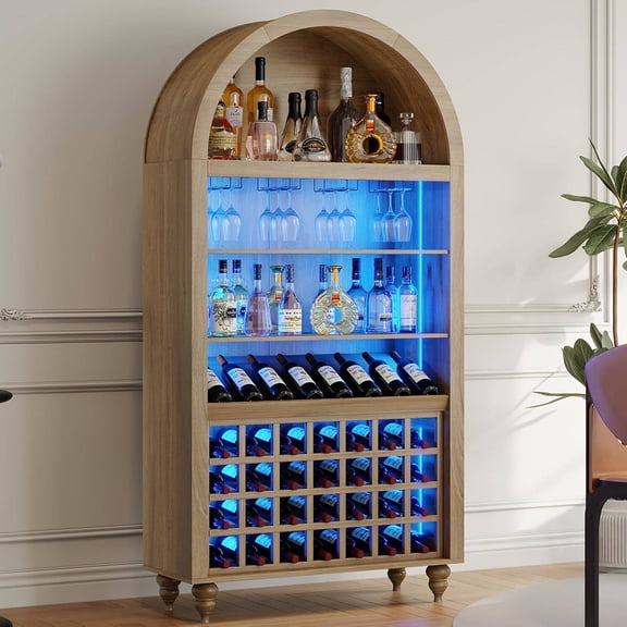71" Tall Arched Wine Bar Cabinet with Wine Racks, Glass Holder, LED Lights & Charging Ports, Oak Finish