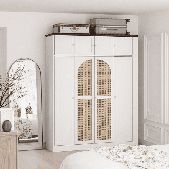 71" Tall Armoire Wardrobe Closet, Wooden Clothing Storage Cabinet with Hanging Rod, Stand Alone Coat Cabinet with Adjustable Shelves and Rattan Decorative Doors, White
