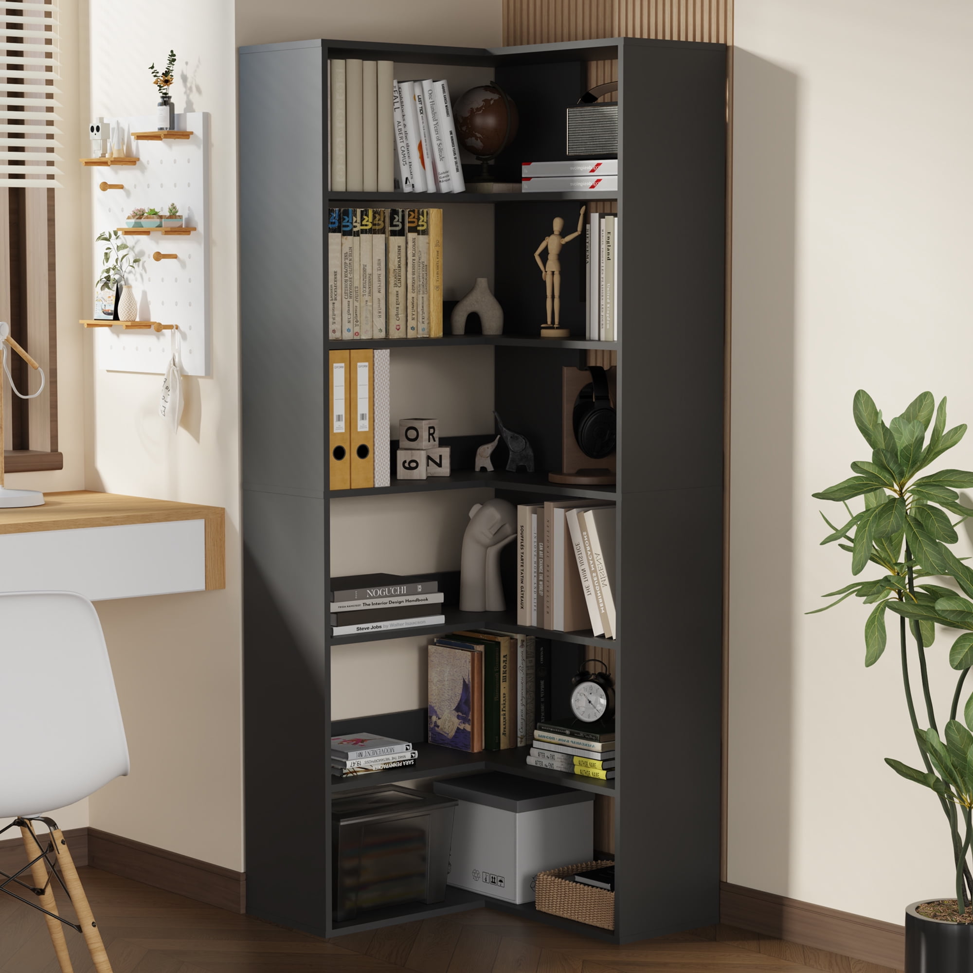 71" Tall Black Corner Bookshelf, 6 Tier L-Shape Corner Shelf Stand ...