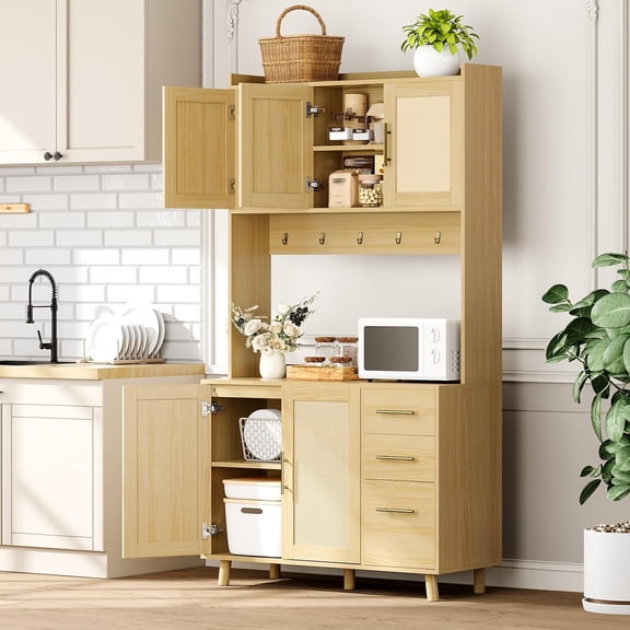 71" Tall Boho Kitchen Pantry Cabinet with Rattan Details, Microwave Shelf, 3 Drawers, Adjustable Shelves & 6 Hooks, Freestanding Cupboard for Living & Dining Room, Natural