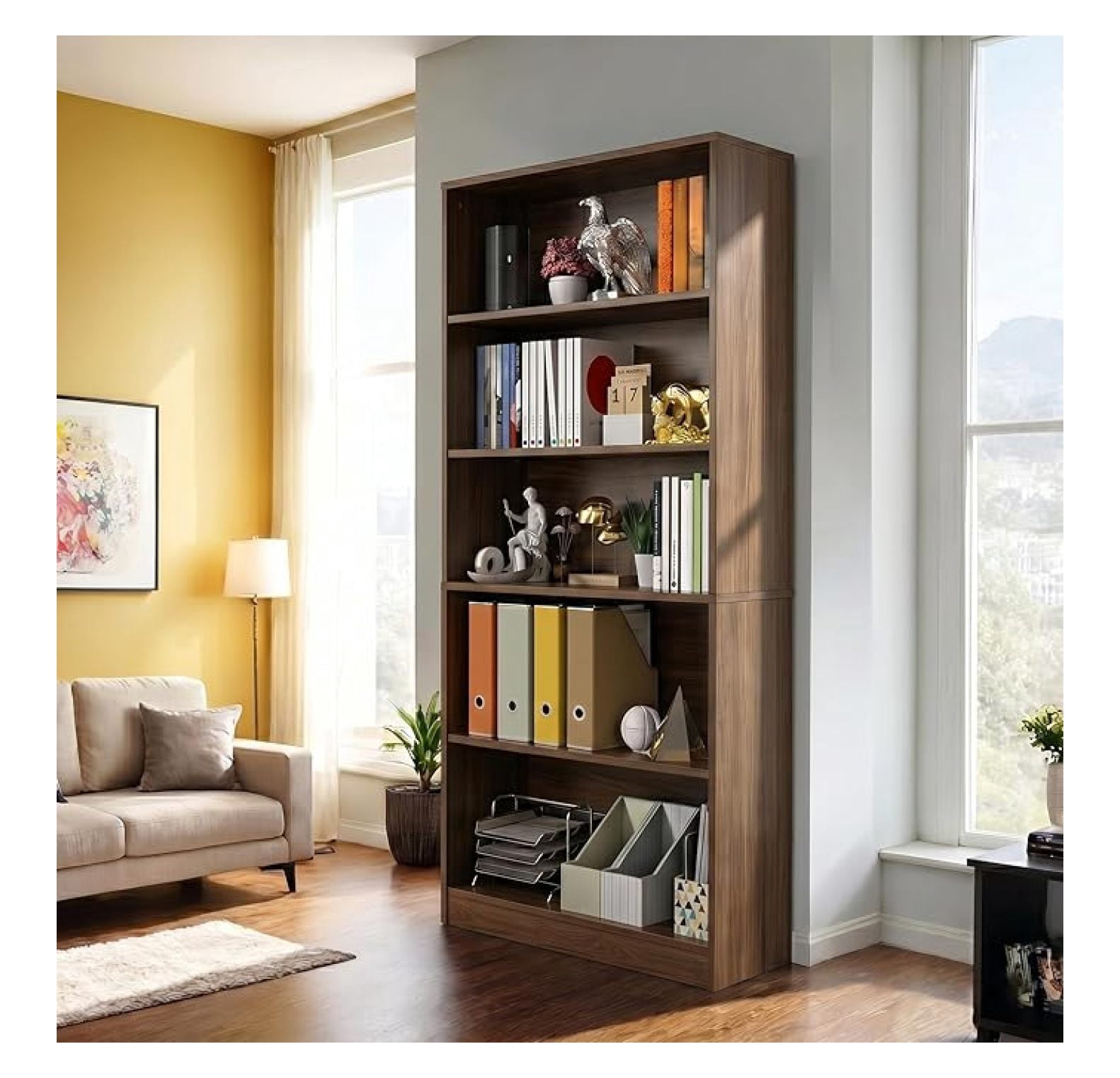71" Tall Book Shelf, 5 Tier Large Bookshelf, Standing Wood Display Book ...