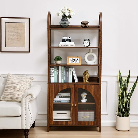 71" Tall Book Shelf with Doors, 4 Tier Bookself with Arched Acrylic Storage Cabinet,Bookcase Display Cabinet for Living Room, Office (Walnut)