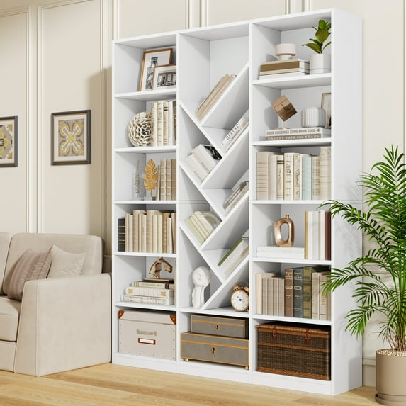 71" Tall Bookcase with Adjustable Shelf, Cikuso Triple-Wide 13 Cube Bookcase with Tree Shape Bookshelves, Modern Display Cabinet Book Library for Home Office, Living Room, White