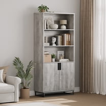 71" Tall Bookcase with Doors, 5-Tier Farmhouse Bookshelf with Storage Cabinet & Adjustable Shelves, Floor Standing Display Book Shelf Wooden Book Shelf Farmhouse Bookcase