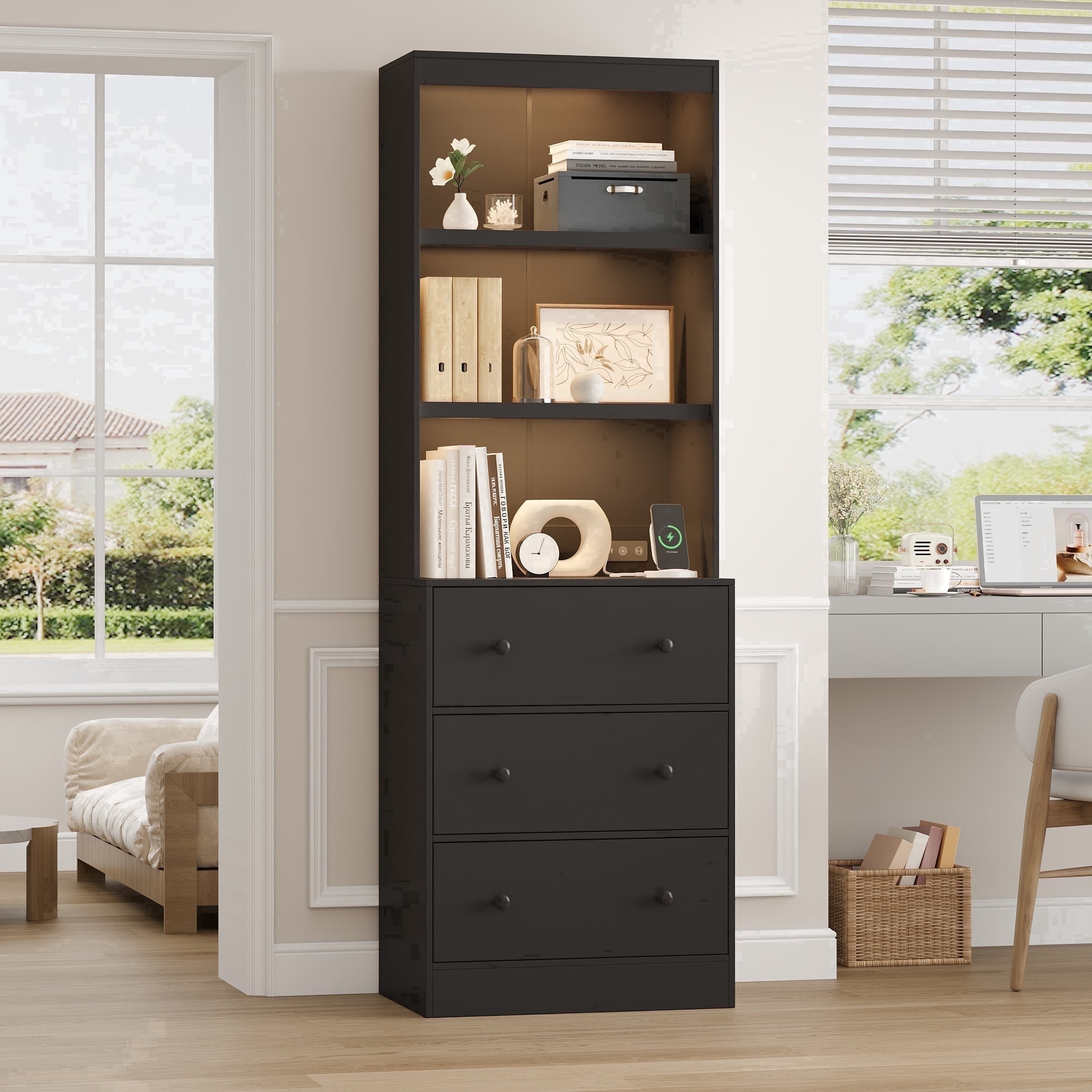 NEGYLIM 71" Bookcase with Drawers & Shelves, Wooden Bookshelf with Charging Station & Adjustable LED Lights, Anti-tipping Design for Living Room Home Office, Black