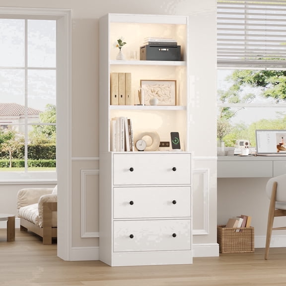 NEGYLIM 71" Bookcase with Drawers & Shelves, Wooden Bookshelf with Charging Station & Adjustable LED Lights, Anti-tipping Design for Living Room Home Office, White