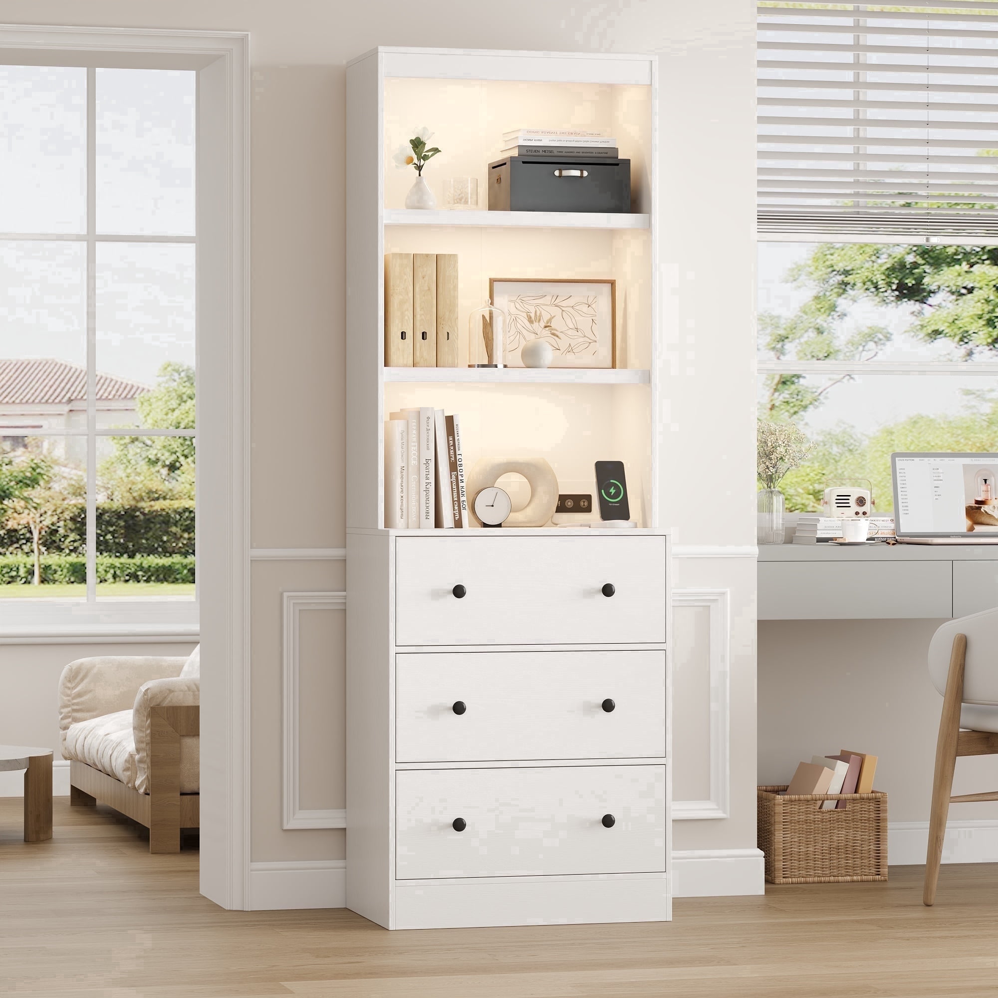 NEGYLIM 71" Bookcase with Drawers & Shelves, Wooden Bookshelf with Charging Station & Adjustable LED Lights, Anti-tipping Design for Living Room Home Office, White