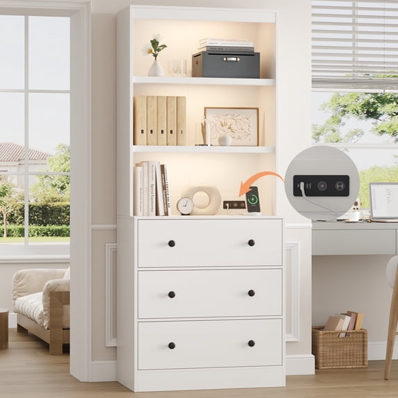 NEGYLIM 71" Bookcase with Drawers & Shelves, Wooden Bookshelf with Charging Station & Adjustable LED Lights, Anti-tipping Design for Living Room Home Office, White