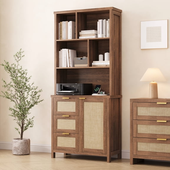71" Tall Bookshelf with 3 Drawers, 5-Cube Bookshelf with Charging Station, Floor Standing, Open Bookcase and Bookshelf, Rattan Bookcase with Storage for Home Office, Living Room, Walnut