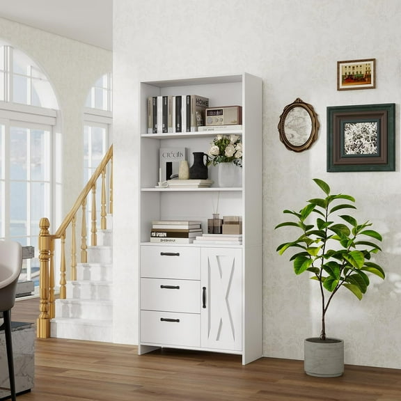 71" Tall Bookshelf with 3 Drawers, Bookcase with 3-Tier Open Shelves, Wooden Book Shelf with Storage Cabinet for Living Room, Bedroom, Entrance Hallway, White