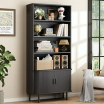 71" Tall Bookshelf, 4-Tier Bookcase with Storage Cabinet & Adjustable Shelves, Floor Standing Wooden Bookshelf with Sliding Door and Adjustable Footpad, for Home Office, Living Room, Black