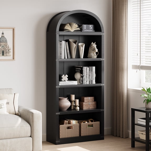 71" Tall Bookshelf , 5 Shelf Arched Bookshelf with Doors Tall Bookcase Farmhouse Display Storage Rack for Home Office, Living Room