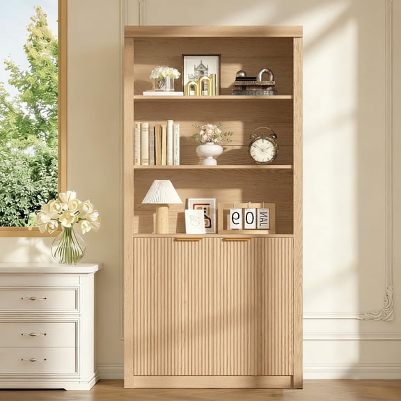 71" Tall Bookshelf with Fluted Doors, 5 Tier Bookcase Display Shelves with Storage Cabinet & Adjustable Shelf, Mid-Century Modern Bookshelves for Home Office, Living Room, Oak