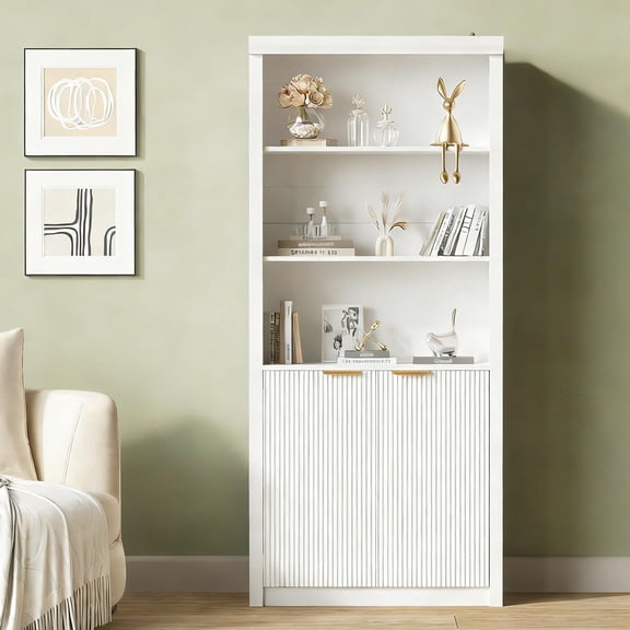 71" Tall Bookshelf with Fluted Doors, 5 Tier Bookcase Display Shelves with Storage Cabinet & Adjustable Shelf, Mid-Century Modern Bookshelves for Home Office, Living Room, White