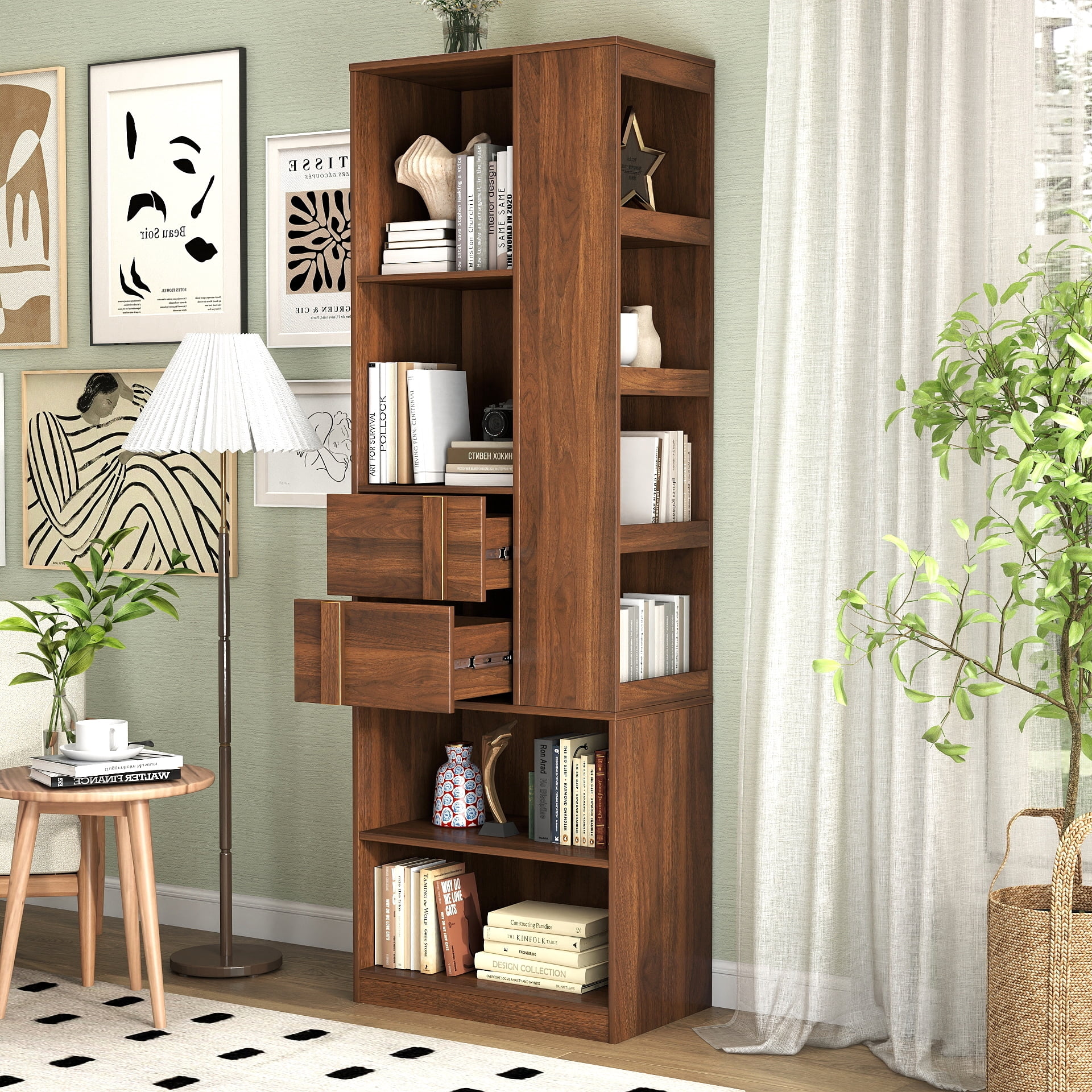 71" Tall Bookshelf Freestanding Bookcase Storage Cabinet with Drawers & Open Shelves