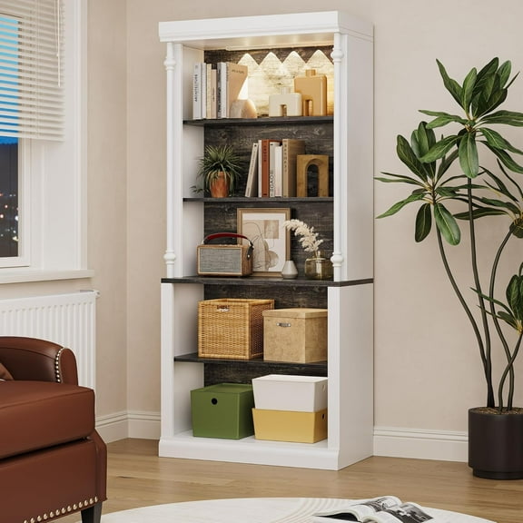 71" Tall Bookshelf with LED Lights, 5-Tier White Open Bookcase with Adjustable Shelves, Roman Column Style Floor Standing Wooden Storage Organizer for Living Room, Home Office