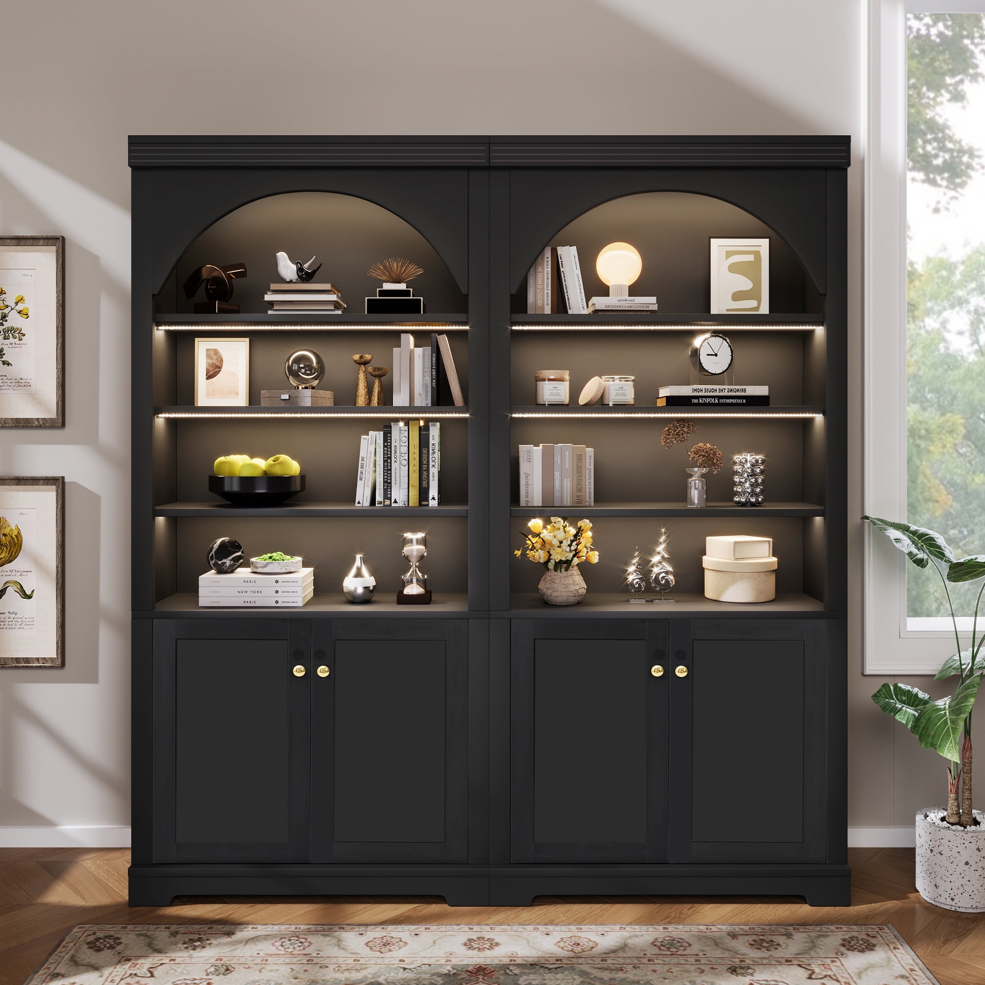 71" Tall Bookshelf Suite with 4-layer LED Lightings, 2 Piece Bookcase with Open Adjustable Shelves
