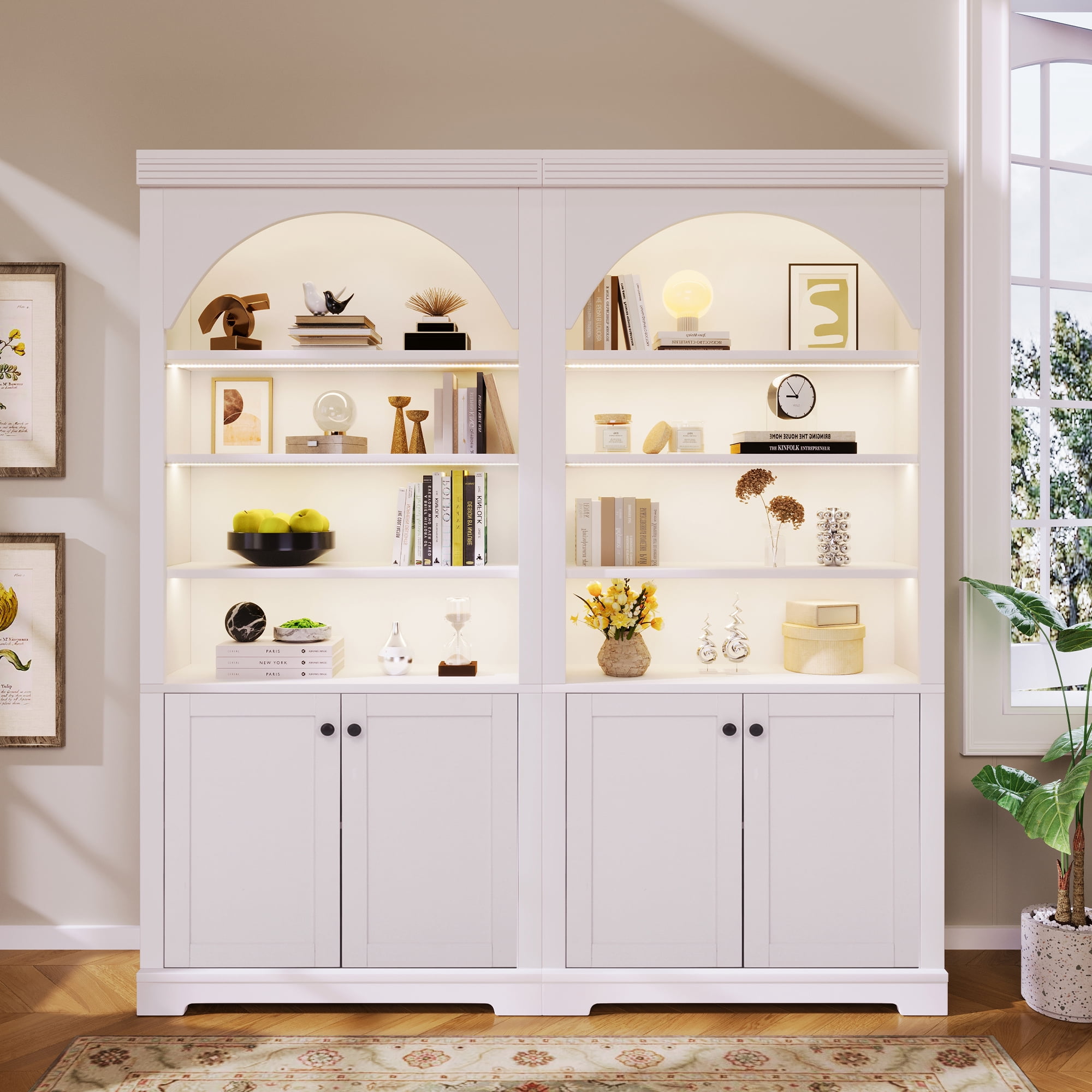 71" Tall Bookshelf Suite with 4-layer LED Lightings, 2 Piece Bookcase with Open Adjustable Shelves
