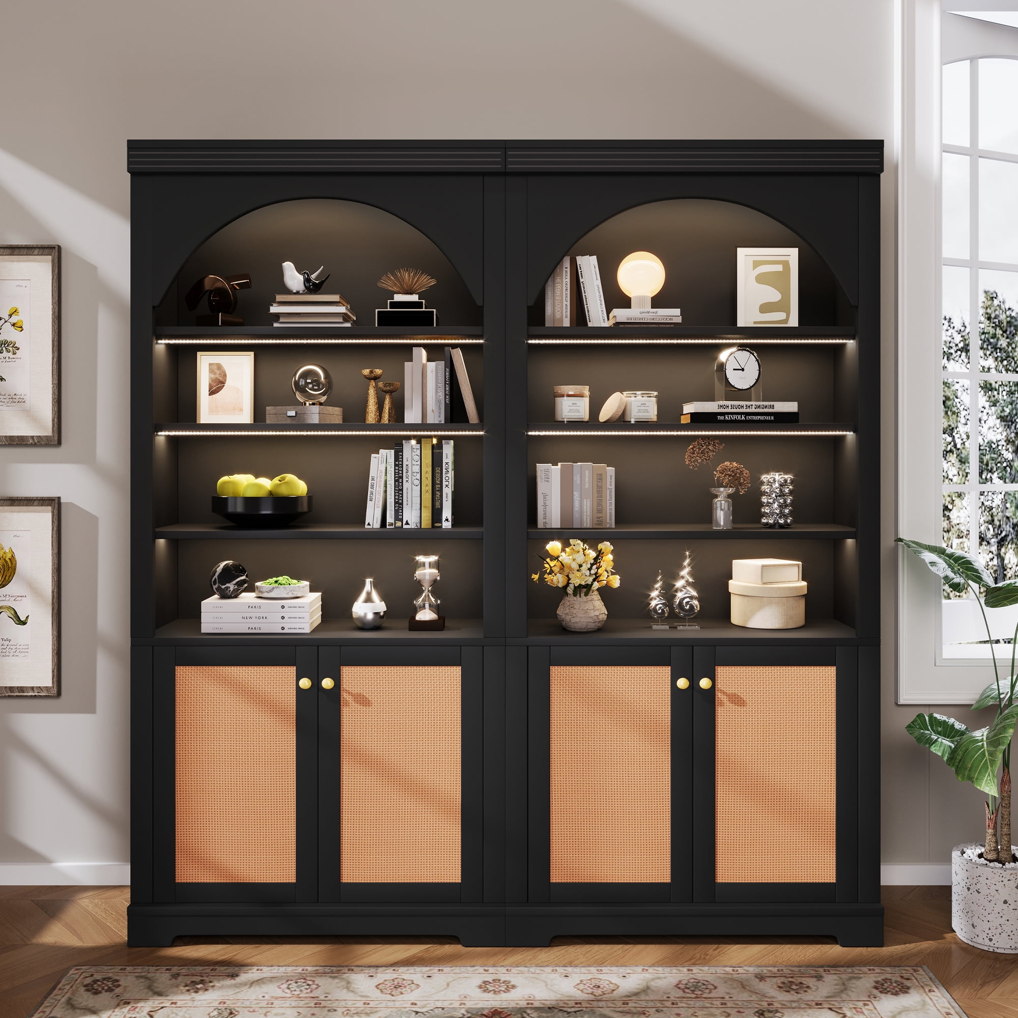 71" Tall Bookshelf Suite with 4-layer LED Lightings, 2 Piece Bookcase with Open Adjustable Shelves