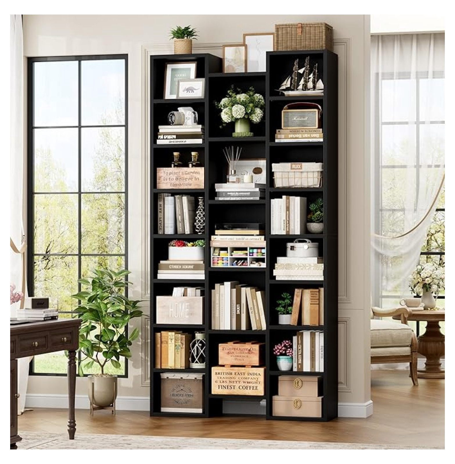 71’’ Tall Bookshelf, Triple Wide Black Bookshelf with Adjustable Shelves, 8 Tier Media Storage Tower Rack, Diaplay Cabinet Shelf, Cube Storage Organizer Shelf for Home Office, Black