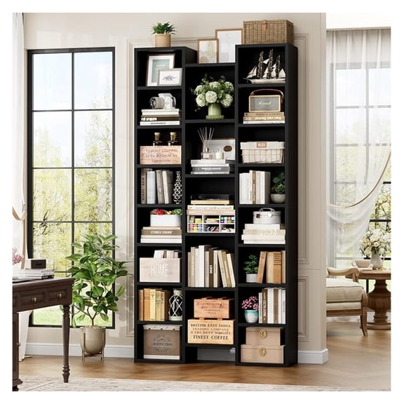 71 Tall Bookshelf, Triple Wide Black Bookshelf with Adjustable Shelves, 8 Tier Media Storage Tower Rack, Diaplay Cabinet Shelf, Cube Storage Organizer Shelf for Home Office, Black