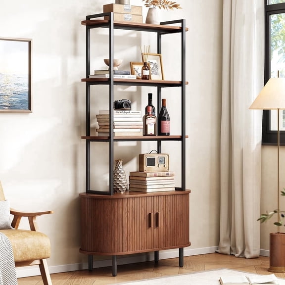 71" Tall Bookshelf with Sliding Door Cabinet, 4-Tier Modern Bookcase, Freestanding Storage Organizer with Adjustable Footpad, Walnut