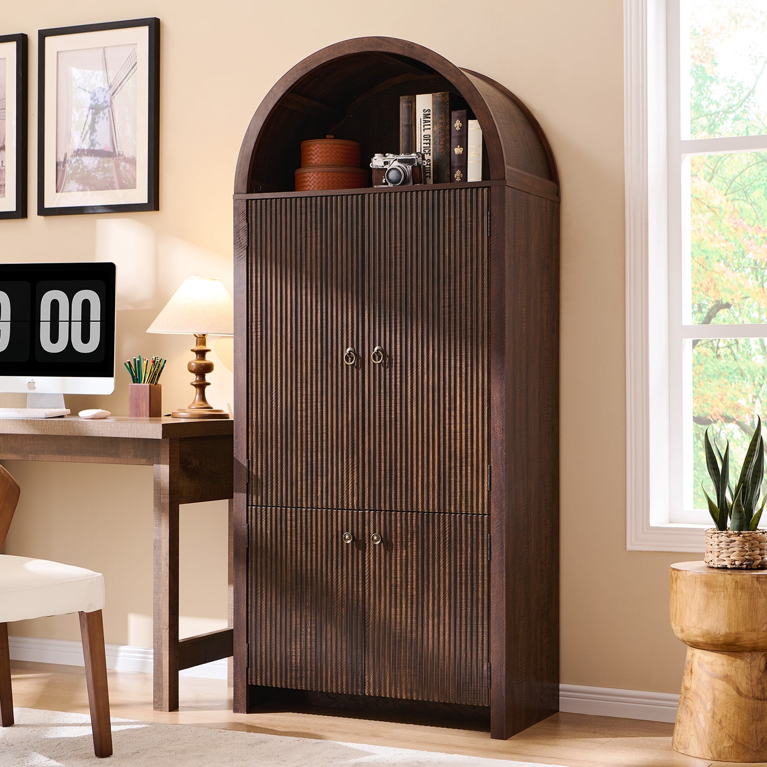 71 " Tall Bookshelf with Storage, 4 Doors & 3 Adjustable Shelves, 6 Door Shelves, Fluted Wooden Arched Bookshelf for Living Room Office