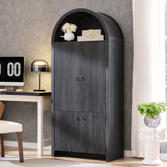 71 " Tall Bookshelf with Storage, 4 Doors & 3 Adjustable Shelves, 6 Door Shelves, Fluted Wooden Arched Bookshelf for Living Room Office