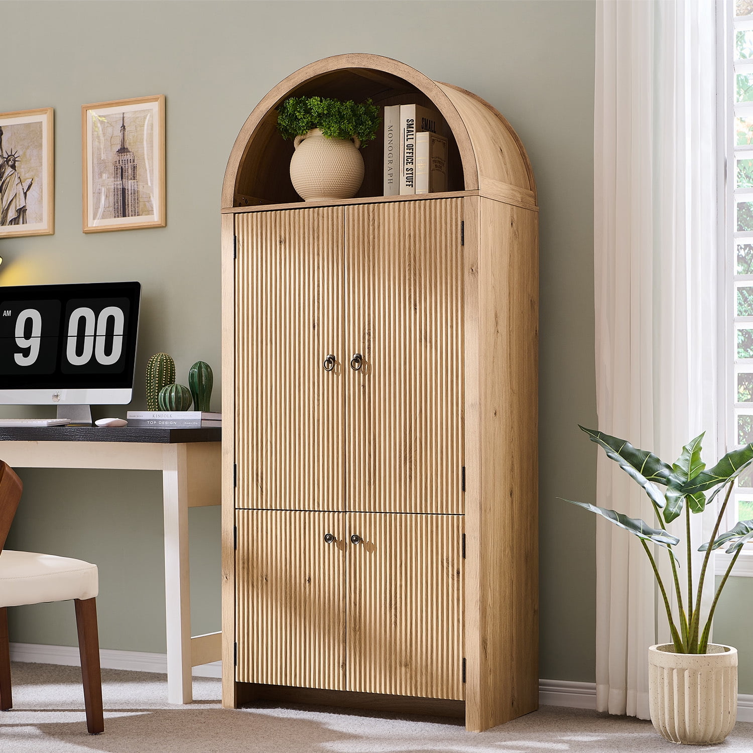 71 " Tall Bookshelf with Storage, 4 Doors & 3 Adjustable Shelves, 6 Door Shelves, Fluted Wooden Arched Bookshelf for Living Room Office