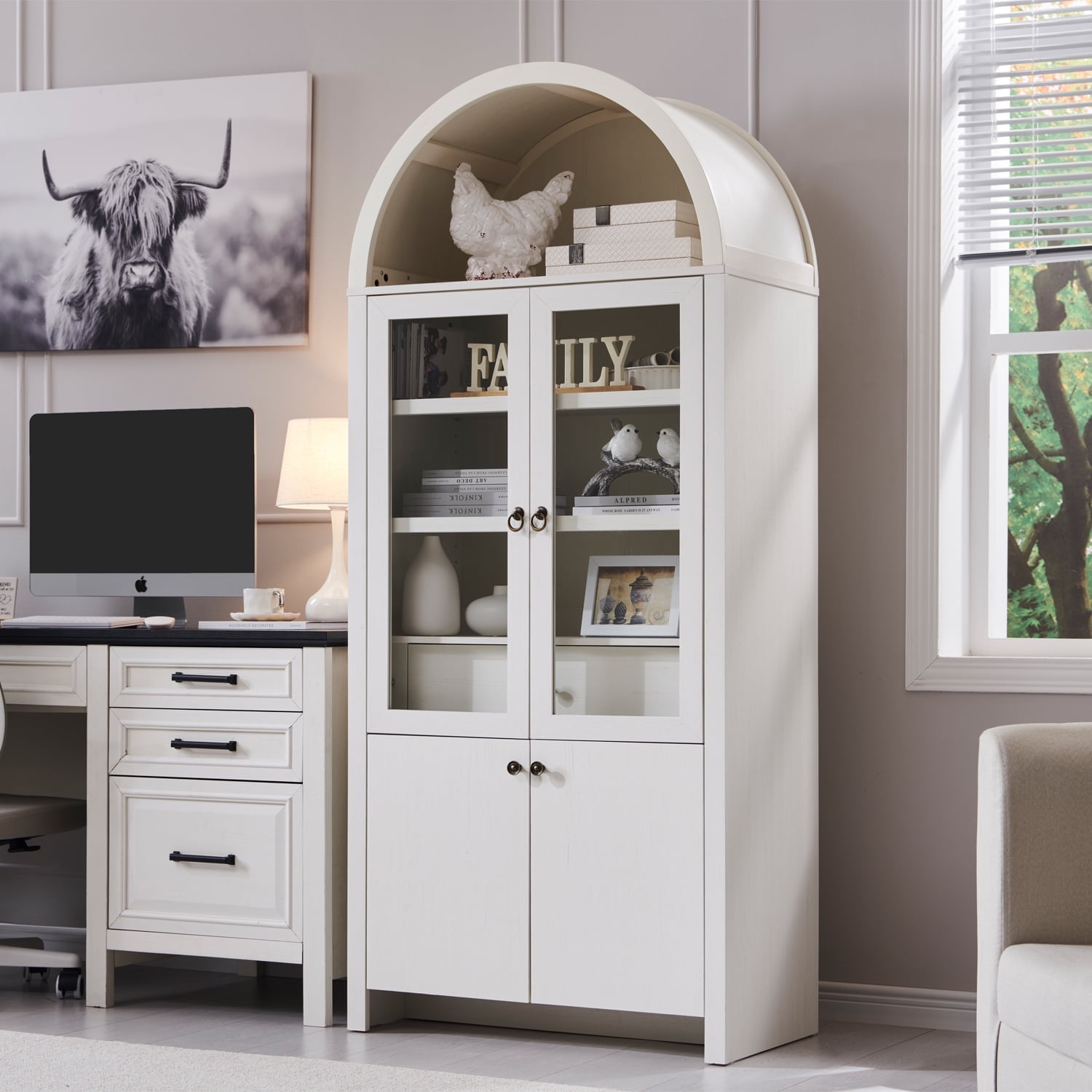 71 " Tall Bookshelf with Storage, 4 Doors & Drawers, Wooden Arched ...