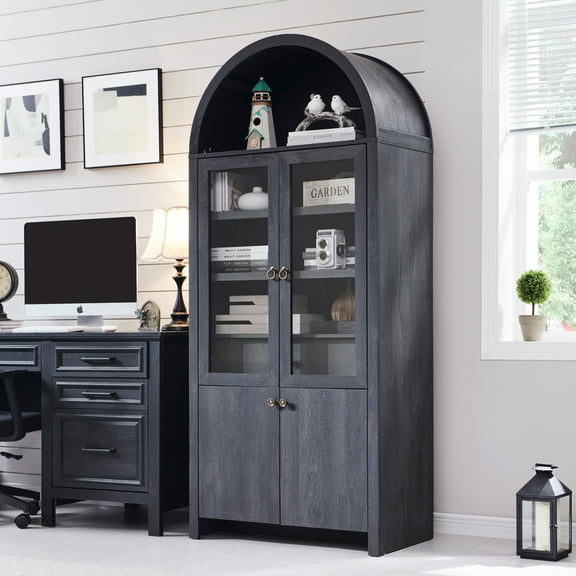 71 " Tall Bookshelf with Storage, 4 Doors & Drawers, Wooden Arched Bookshelf for Living Room Office