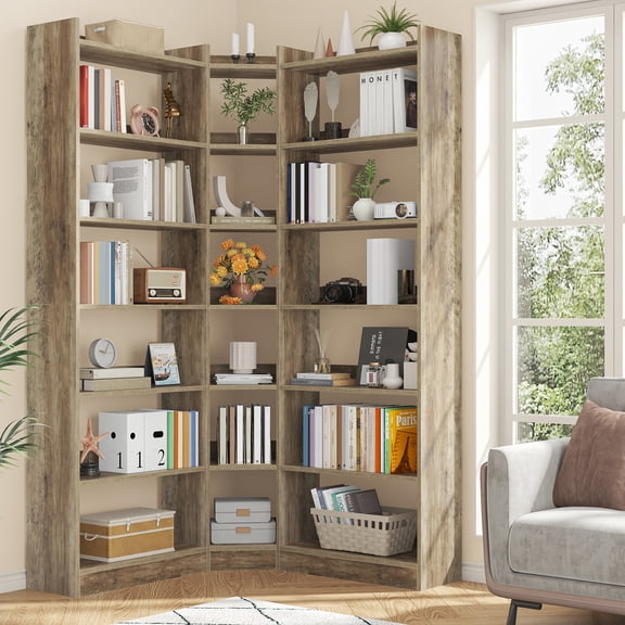 71" Tall Corner Bookcase, Modern L-Shape Bookshelf with 18 Cube, Triple Wide Bookcase Display Display Shelf for Living Room, Home Office, Brown