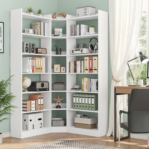 71" Tall Corner Bookcase, Modern L-Shape Bookshelf with 18 Cube, Triple Wide Bookcase Display Display Shelf for Living Room, Home Office, White
