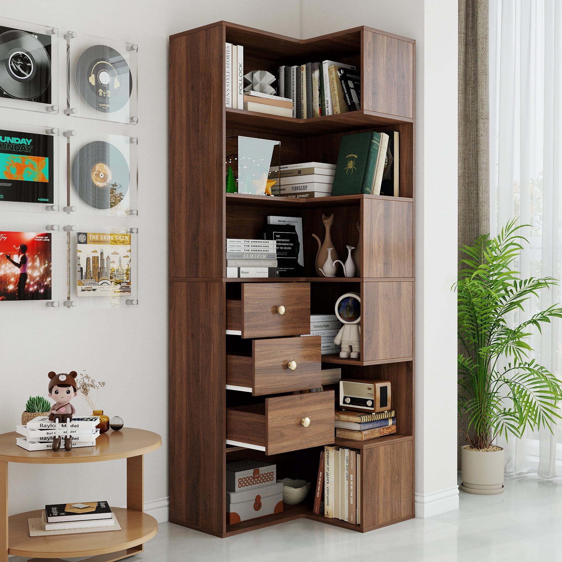 71" Tall Corner Bookcase with 3 Drawers, 6-Tier L-Shaped Bookshelf with Open Cases