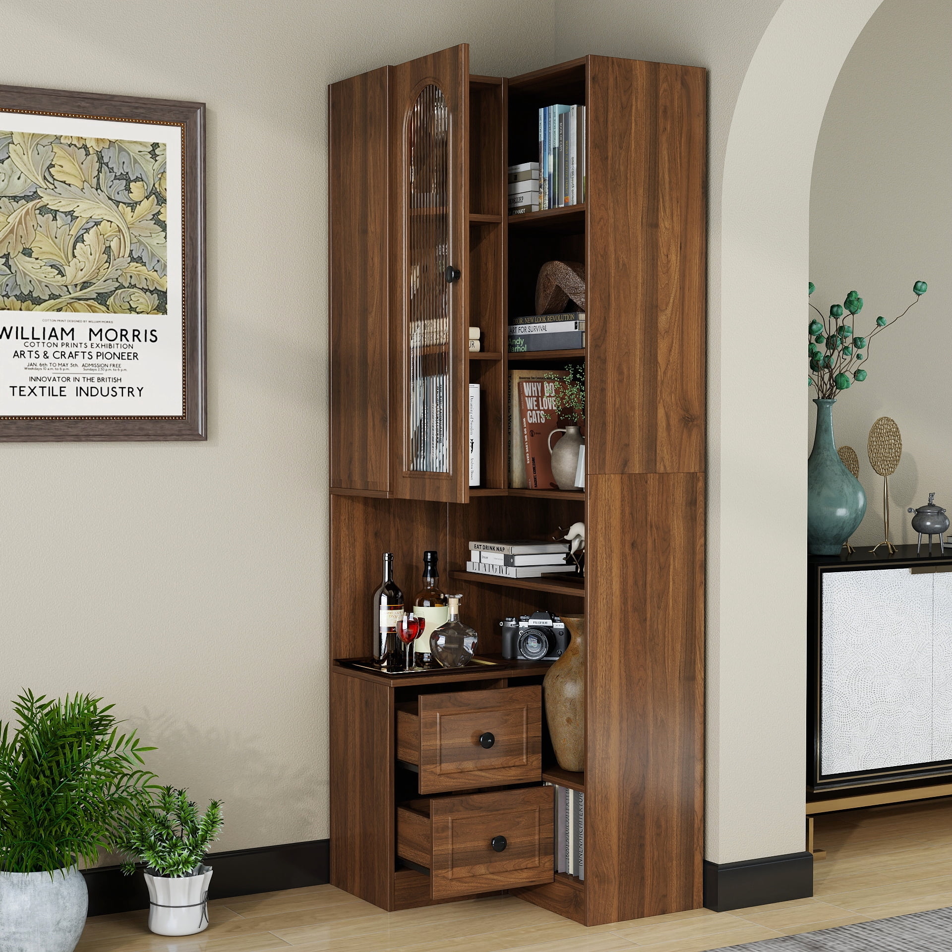 71" Tall Corner Bookshelf with Arched Glass Door, 6-Tier Bookcase with 2 Drawers