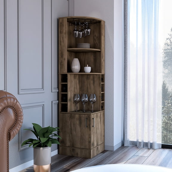 71" Tall Dark Brown Bar Cabinet With 8 Exterior Bottle And A Middle Shelf In Brown, Incorporating 1 Central