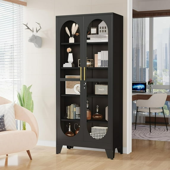 71" Tall Display Cabinet with Glass Door, 5 Tier Metal Curio Cabinet with 4 Adjustable Shelves, Locking Glass Display Case for Collectibles, Showcase Storage Cabinets for Showroom Clinic, Black