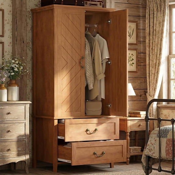 71" Tall Farmhouse Armoire Wardrobe Closet with 2 Drawers & Doors, Freestanding V Shape Armoire Wooden Storage Closet w/Hanging Rod & Shelves, for Bedroom, Clothes, Rustic Brown