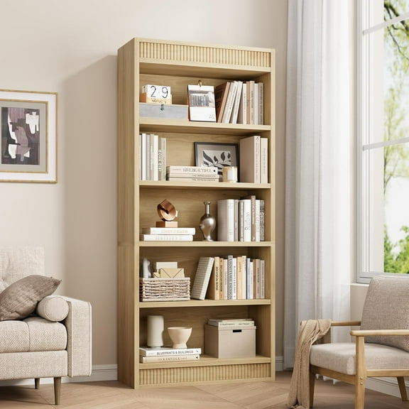 71" Tall Farmhouse Bookcase – 5-Tier Bookshelf with Fluted Design and Display Rack, Rustic Wood Freestanding Book Shelf for Office, Library, Living Room, Natural