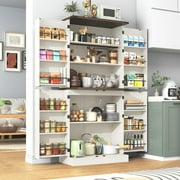 71" Tall Farmhouse Kitchen Pantry with 12 Side Shelves, 5 Layers Pantry Storage Cabinet w/Load-Bearing Steel Pipe & 4 Barn Doors/Adjustable Shelves for Kitchen, Dining Room, Living Room, White