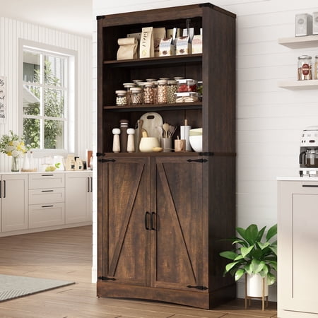 71" Tall Farmhouse Kitchen Pantry with Adjustable Shelves, 5 Layers Pantry Storage Cabinet with 2 Barn Doors&Load-Bearing Steel Pipe for Kitchen, Dining Room, Living Room, Brown