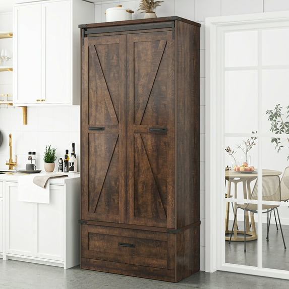 71''Tall Farmhouse Kitchen Pantry Cabinet, 4 Layers Storage Cabinet with Adjustable Shelves, Drawer, Folding Door, Versatile Large Rustic Cabinet for Kitchen, Dining Room, Living Room, Bathroom
