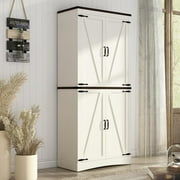 71" Tall Farmhouse Kitchen Pantry Cabinet, 5 Layers Storage Cabinet with Adjustable Shelves, Farmhouse Pantry Cabinet with 4 Barn Doors for Kitchen, Dining Room, Bathroom, Living Room, Rustic White