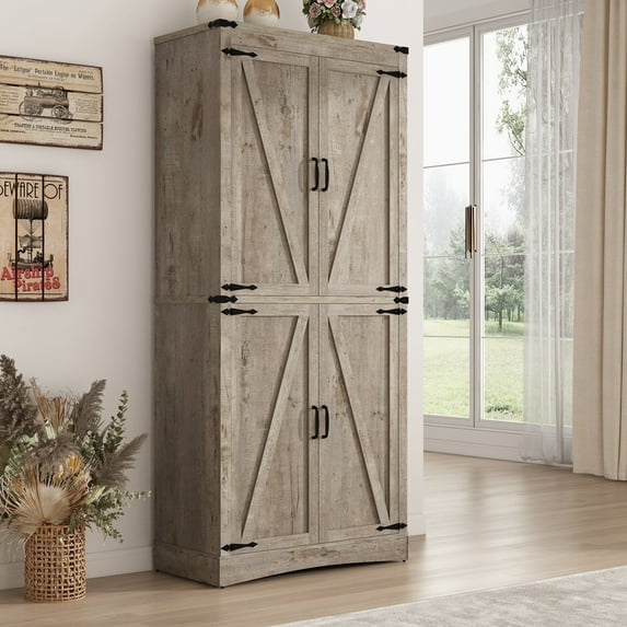 71" Tall Farmhouse Kitchen Pantry Cabinet, 5 Layers Storage Cabinet with Adjustable Shelves, Farmhouse Pantry Cabinet with 4 Barn Doors for Kitchen, Dining Room, Bathroom, Living Room, Rustic Oak