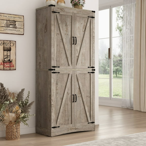 71" Tall Farmhouse Kitchen Pantry Cabinet, 5 Layers Storage Cabinet with Adjustable Shelves, Farmhouse Pantry Cabinet with 4 Barn Doors for Kitchen, Dining Room, Bathroom, Living Room, Rustic Oak