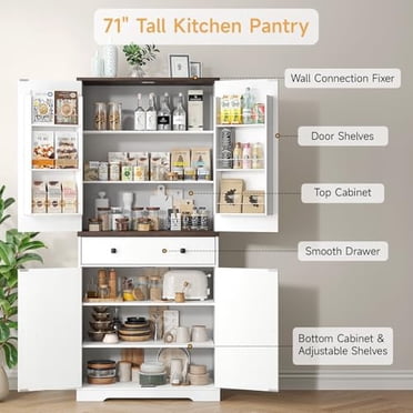 HOMCOM Farmhouse Freestanding Cupboard – 70.75″ Kitchen Pantry Cabinet – X-835-346
