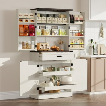 71" Tall Farmhouse Kitchen Pantry Cabinet with 6 Side Shelves & Adjustable Shelves, 7 Layers Pantry Storage Cabinet with Drawer & Load-Bearing Steel Pipe for Kitchen,Living Room, White