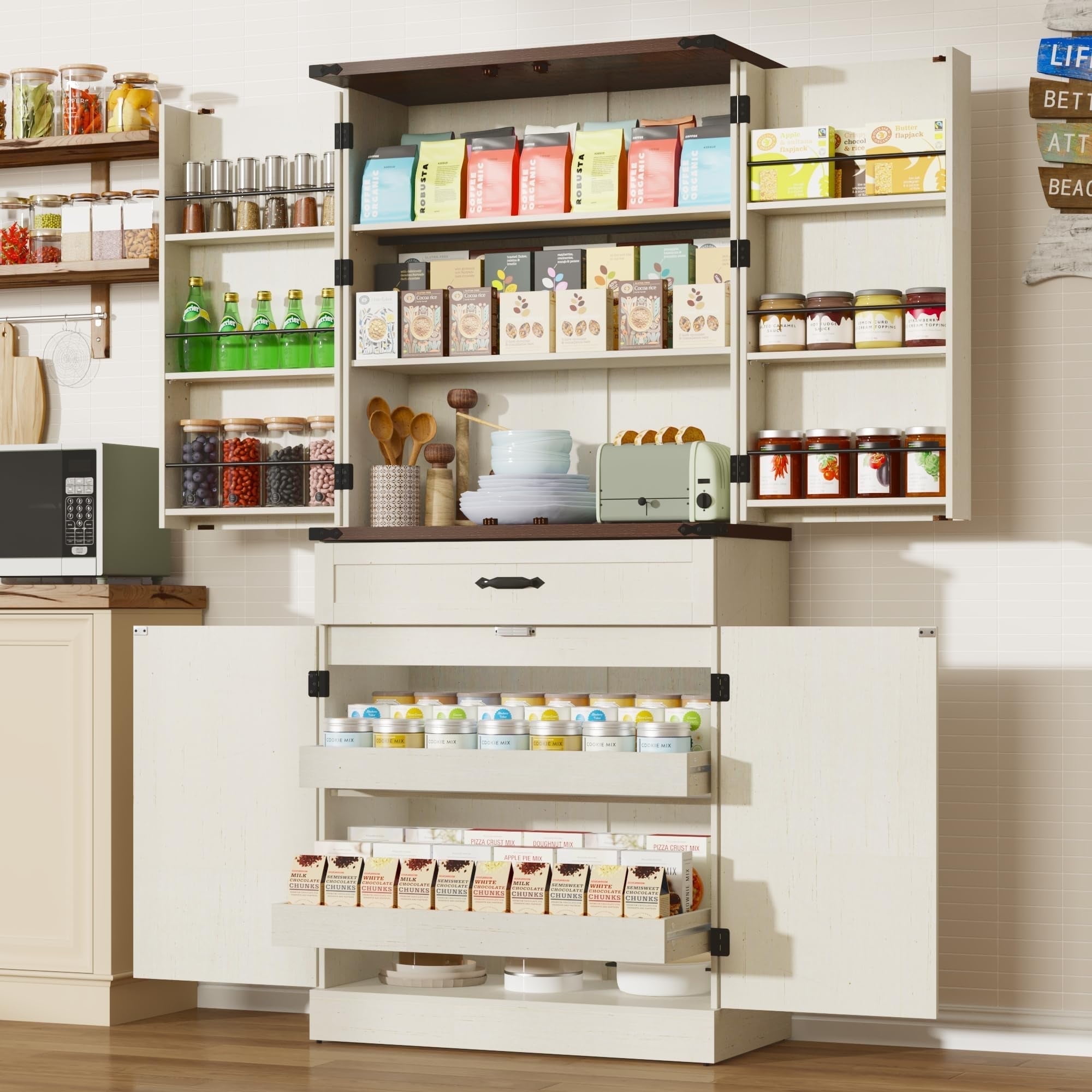 71" Tall Farmhouse Kitchen Pantry Cabinet with 6 Side Shelves & 3 Storage Drawer, Multifunctional Pantry Organizer with Adjustable Shelves & Load-Bearing Steel Pipe for Kitchen,Living Room, White